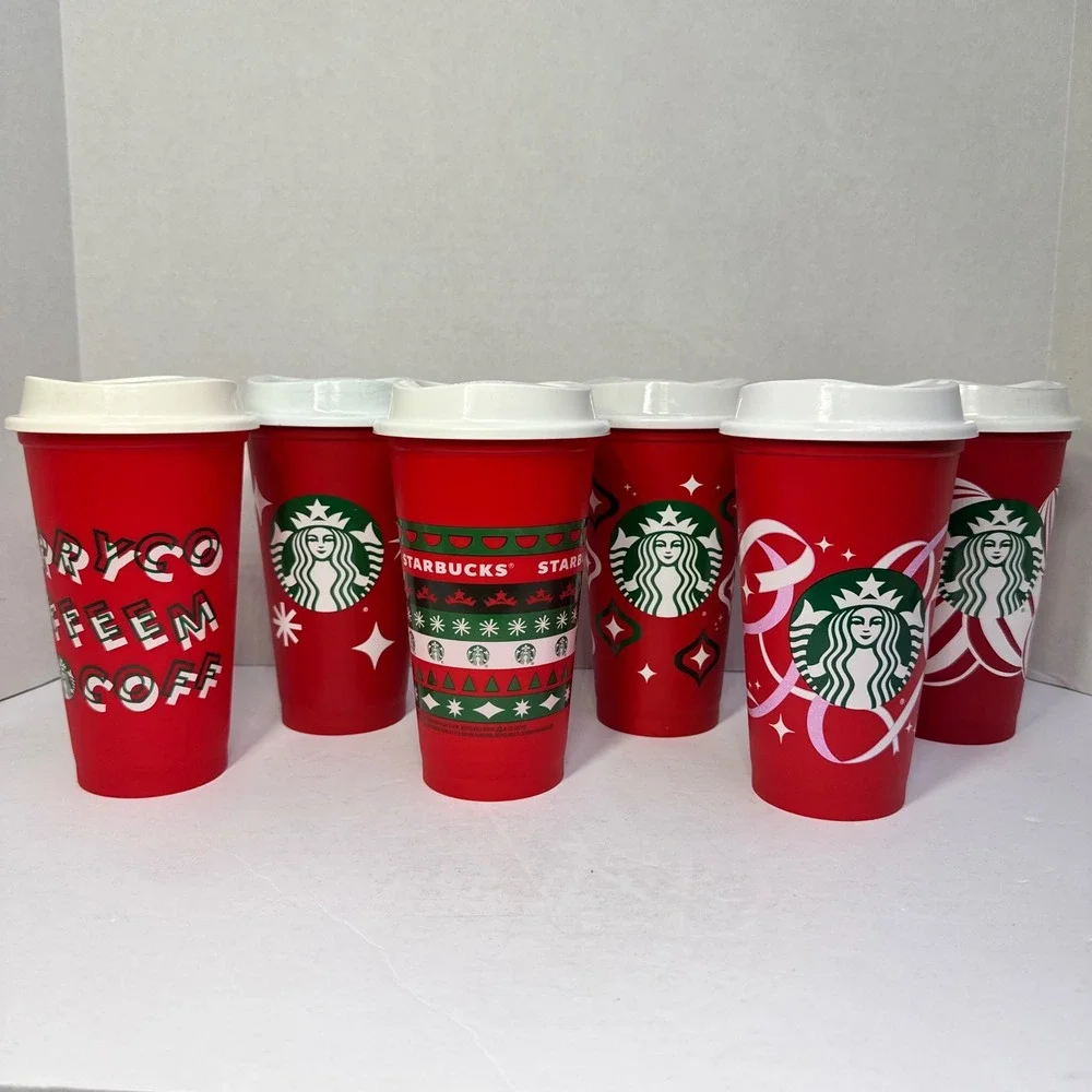 Starbucks Reusable Red Holiday Cups Set of 6 Christmas Festive Designs 16oz Lids